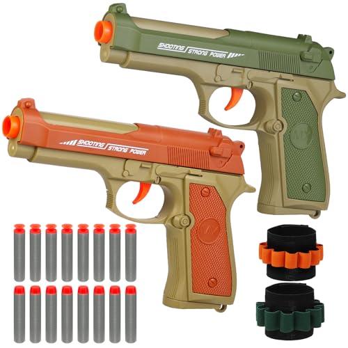 2 Pack Blaster Toy Guns for Boys Fit for Nerf Guns Darts, Small Toys Pistol for Boys Birthday Gifts, for Kids Toddlers Age 6-8 8-12 Year Olds - 16 Refill Foam Darts 2 Wristbands (Green Orange)