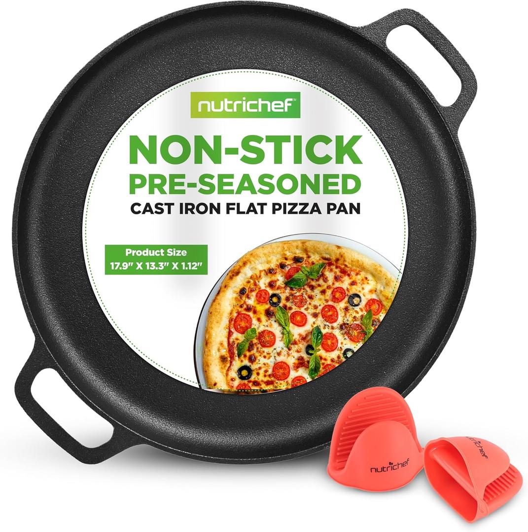 NutriChef 13-Inch Flat Cast Iron Pizza Pan - Versatile Pre-Seasoned Round Cooking Griddle w/ Built-In Handles for Oven, Grill, Stove, and Campfires