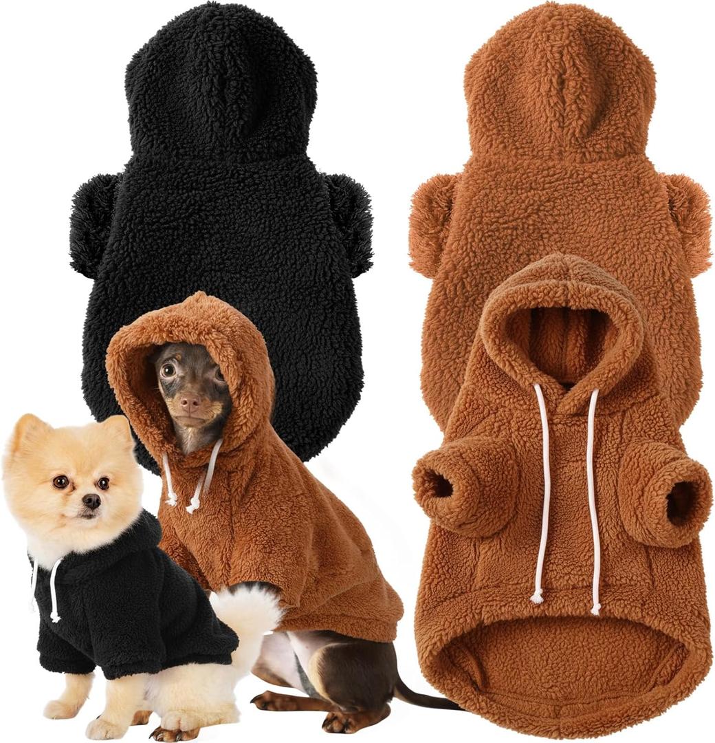 Reginary 2 Pcs Fuzzy Small Dog Hoodie Winter Dog Sweaters Double-Sided Plush Warm Soft Hooded Puppy Pet Sweatshirt Clothes Coats(Small,Black and Brown)