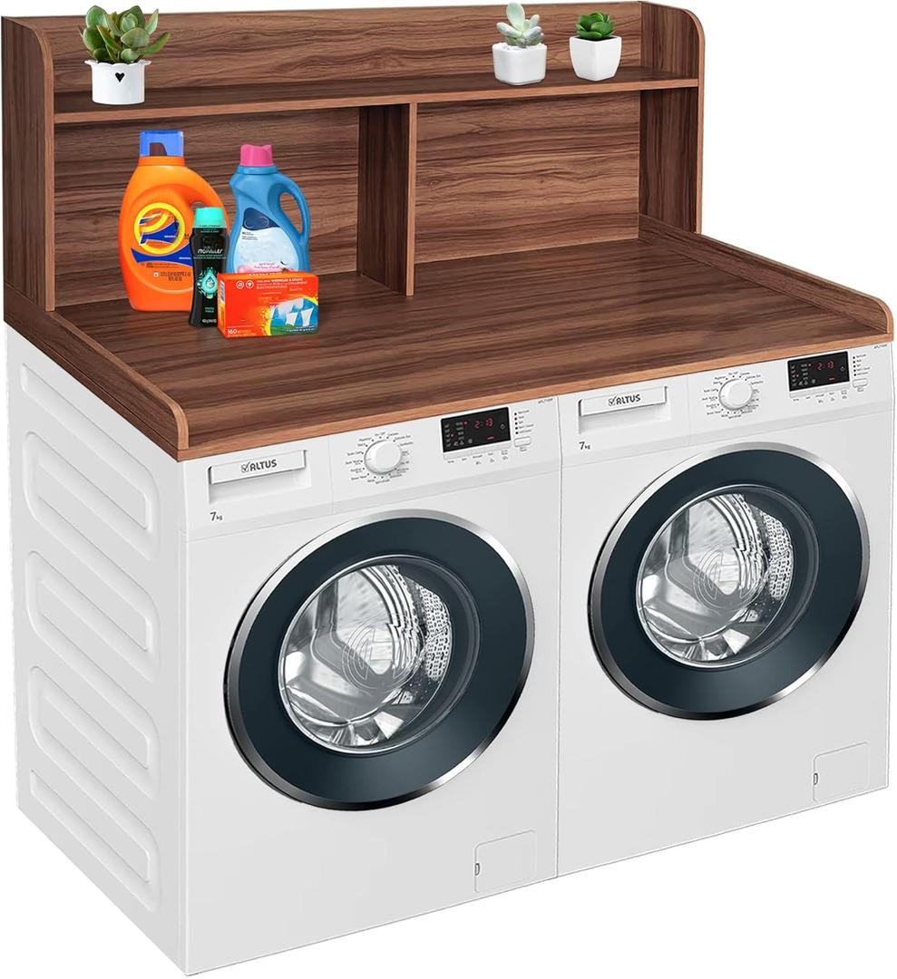Royxen 2-Tier Washer Dryer Countertop,19.5" H Wood Washer and Dryer Topper with Shelf,Laundry Countertop Over Washer and Dryer, Universal Fit for Laundry Room Organization (Walunt, 54" WX27.5 D) (Walnut Color)