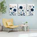 3Pcs Flower Canvas Wall Art Navy Blue Wildflower Wall Decor Pictures Modern Watercolor Boho Botanical Floral Posters Prints for Bedroom Living Room Home Decoration 16x24in