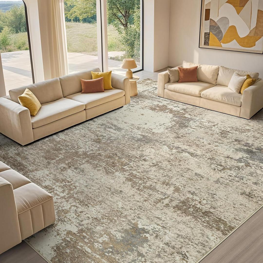 Area Rug Living Room - 10X14 Abstract Washable Large Soft Foldable Non Slip Rug Neutral Modern Low Pile Carpet for Bedroom Nursery Dining Room Farmhouse Home Office Indoor - Khaki