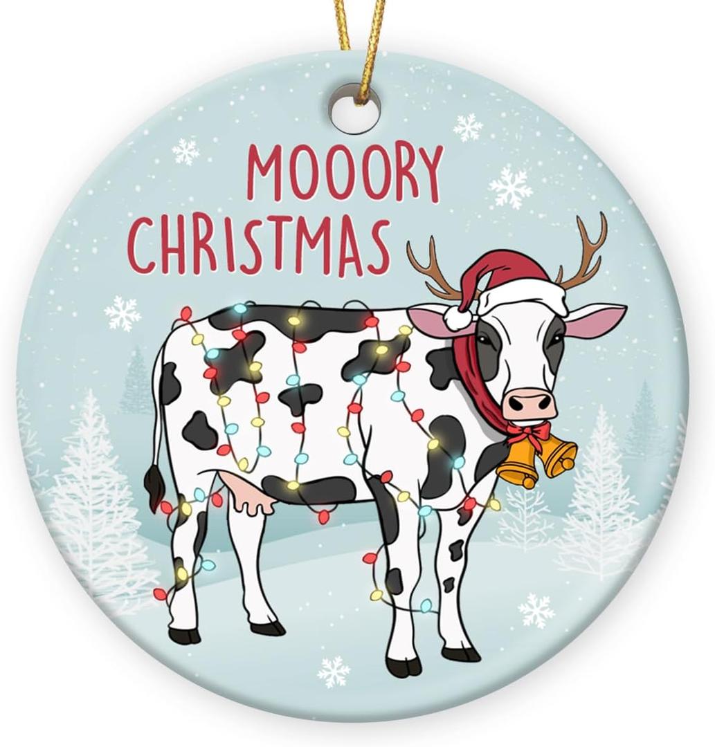 Cow Ornaments for Christmas Tree 2025 - Farmhouse Christmas Cows Decor, Gifts for Cow Lovers, Cute Farm Animal Ceramic Ornaments, Cows Decorations for Home