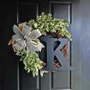 Monogram Initial Letter Wreaths for Front Door with Striped Linen Bow & Fake Green Grass on Grapevine Base Farmhouse Style Rustic Door Decor Spring Summer Green Wreath, P