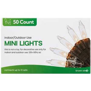 50 Count
Indoor/Outdoor Use
MINI LIGHTS
this is not a toy. for decorative use only for indoor and outdoor use. 120v 60hz ac
connects up to 10 sets
brown wire