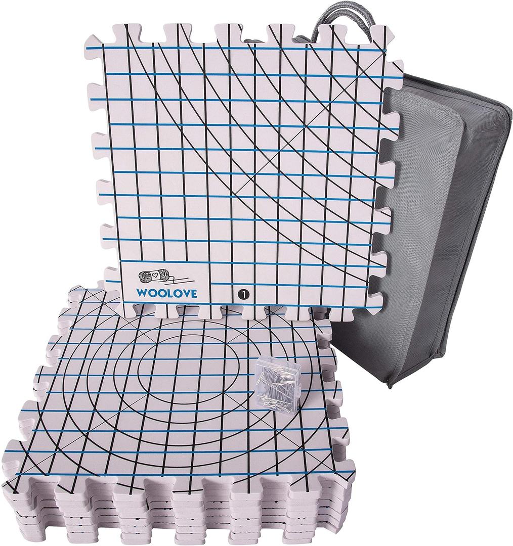 Blocking Mats for Wet and Steam Blocking with Grids and Radial Circles for Curved Projects - 1 cm Thickness - Set of 9 Marked with Numbers Includes 50 t pins and Storage Bag