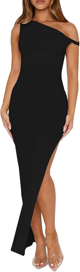 Ekaliy Women's Sexy Ruched Bodycon Dress Sleeveless Off Shoulder Slit Cocktail Maxi Dresses (Large, Black)