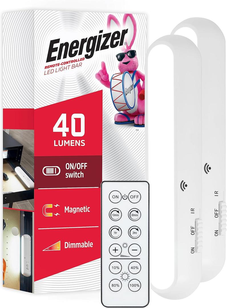 Energizer Under Cabinet Light, 2 Pack, Battery Operated LED Lights with Remote, 40 Lumens, Wireless Under Cabinet Lighting, Under The Counter Lights for Kitchen, Closet, Pantry and More, 48635 (White)