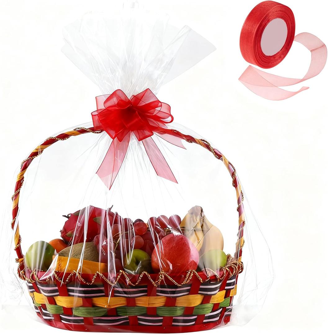 Circloophs 50 Packs Large Clear Cellophane Basket Bags 24" x 30" Cellophane Basket Gift Bags Heavy-duty Plastic Wrapping Paper for Gifts, Arts, Crafts, Treats, Red Chiffon Ribbon