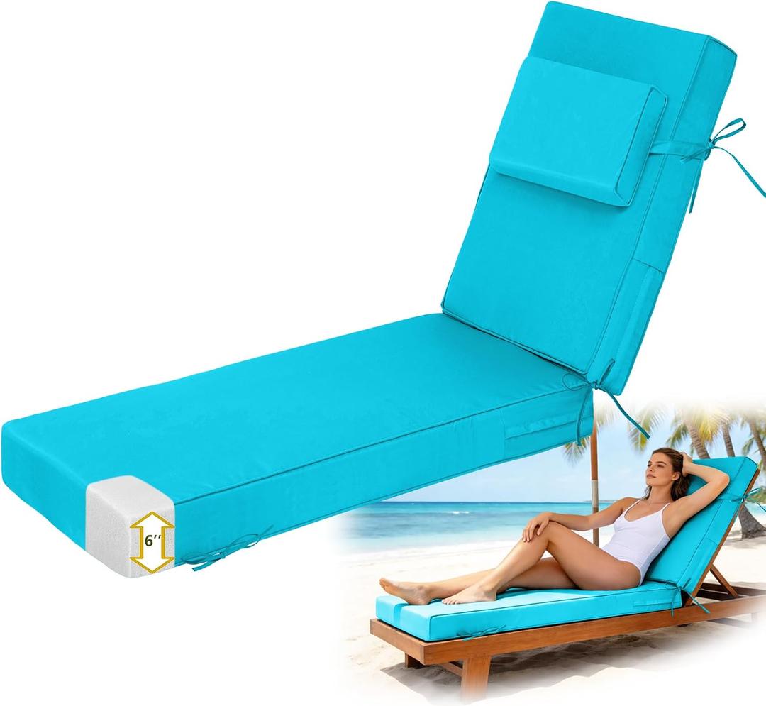 Chaise Lounge Cushions Outdoor 72x21x6 Inch, Fade Resistant 6'' Thicken Outdoor Lounge Chair Cushion with Headrest, Water-Resistant Patio Lounger Pad with Straps, Lake Blue