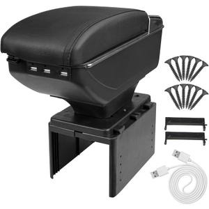 Car Armrest Box with Double Layer Storage, Black Leather and USB Charging Ports