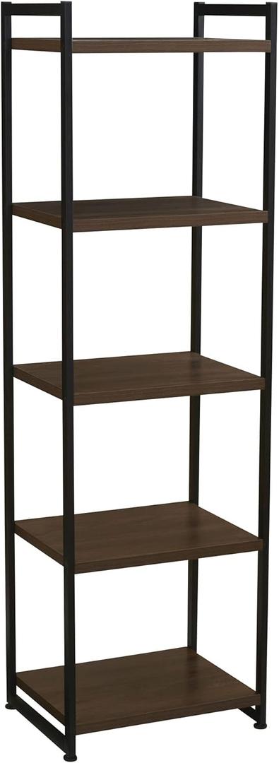 Household Essentials Jamestown Narrow 5 Shelf Open Storage Bookshelf Mid Century Walnut Wood Grain and Black Metal