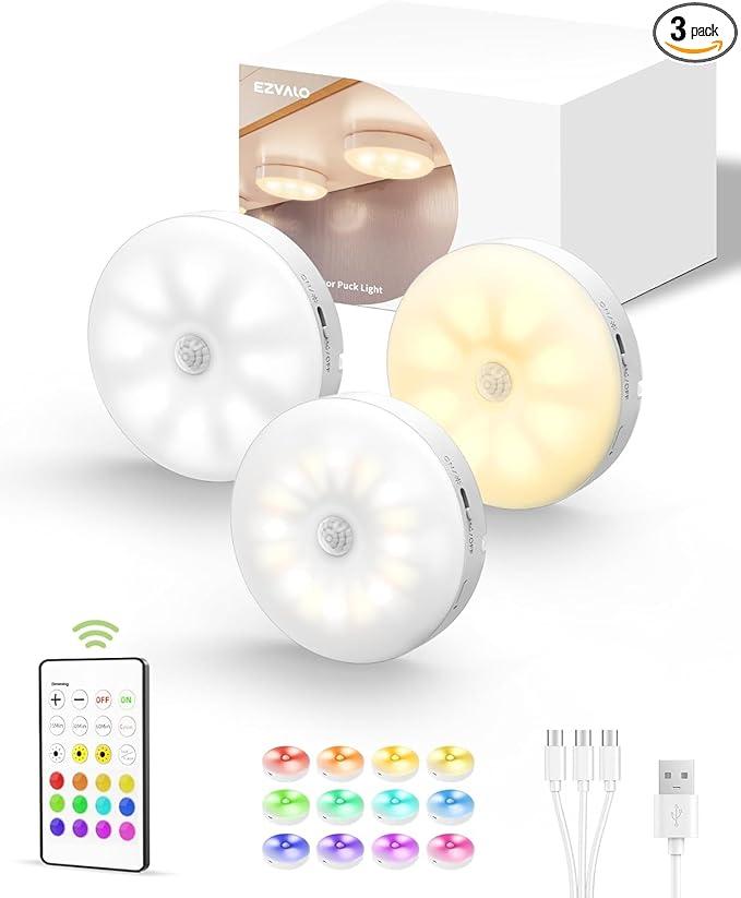 EZVALO Under Cabinet Lights, 2 Color Temps Motion Sensor Puck Lights, 1200mAh Rechargeable Puck Lights, Group Control LED Closet Lihgts, Dimmable Under Counter Lights for Kitchen, Cabinet (3 Pack)