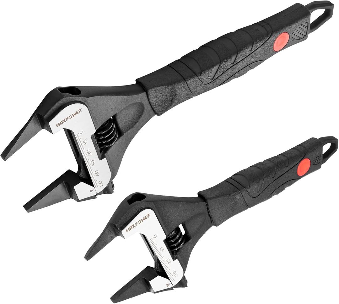 MAXPOWER Slim Adjustable Wrench Set, 6" & 10" Wide Jaw Opening, Dual Scale With Metric and SAE Plumbing Wrenches, Deep Jaw With Soft Grip Handle