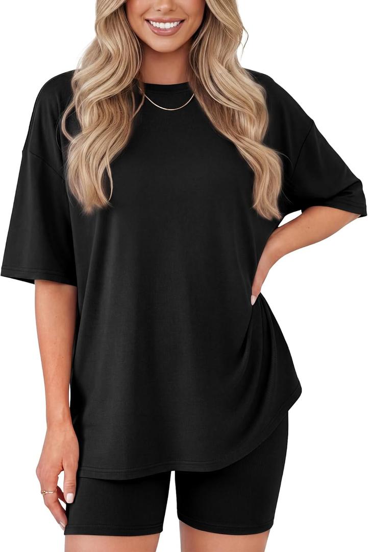 ZOOSIXX 2 Piece Sets for Women Summer - Oversized T-Shirt and Biker Shorts Lounge Sets Matching Outfit for Travel Casual, Large