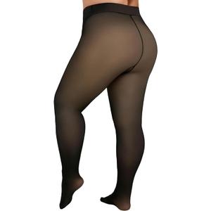 Delcast Plus Size Fleece Lined Tights Women - Fake Translucent Sheer Warm Thermal Pantyhose Leggings for Winter (Black, XL)