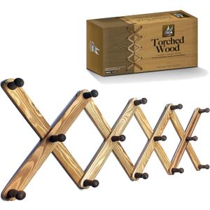 Expandable Wooden Coat Rack Hanger - Accordion Wall Hanger with Expanding Wall Pegs | Hand Made Vintage Wooden Hat Rack for Wall | Hang Coat, Jacket, Hat | Wall Rack  14 Hook, Torched Wood (14 Hooks, Torched Wood (Rustic Style))