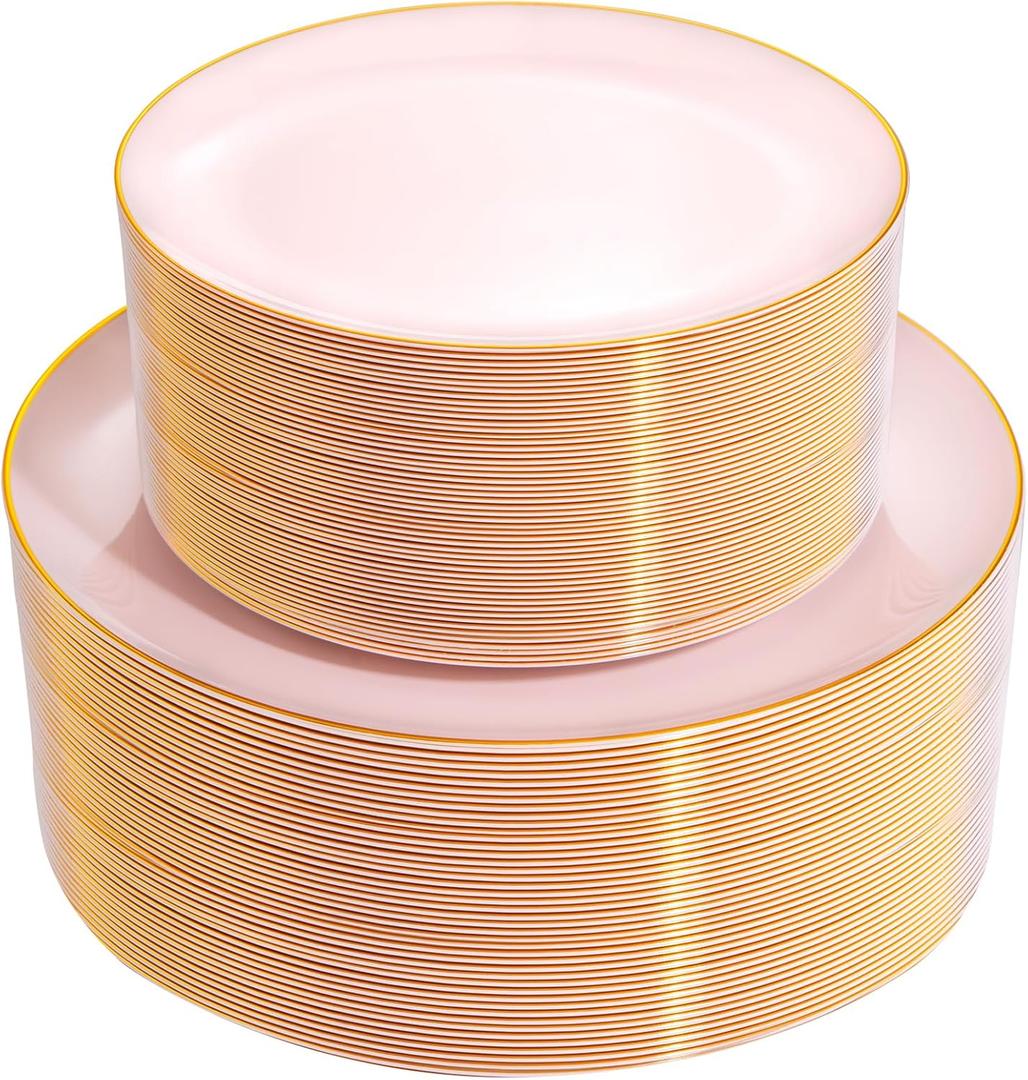 PULOTE 100PCS Pink Plastic Plates - Heavy Duty Pink and Gold Disposable Plates for Party, Wedding & Mothers Day, Include 50 Dinner Plates and 50 Dessert Plates
