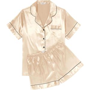 Ekouaer Womens Silk Satin Pajama Sets Soft Short Sleeve Button Down Sleepwear Top and Shorts 2 Piece Pjs Lounge Set S-XXL (X-Large, Champagne)