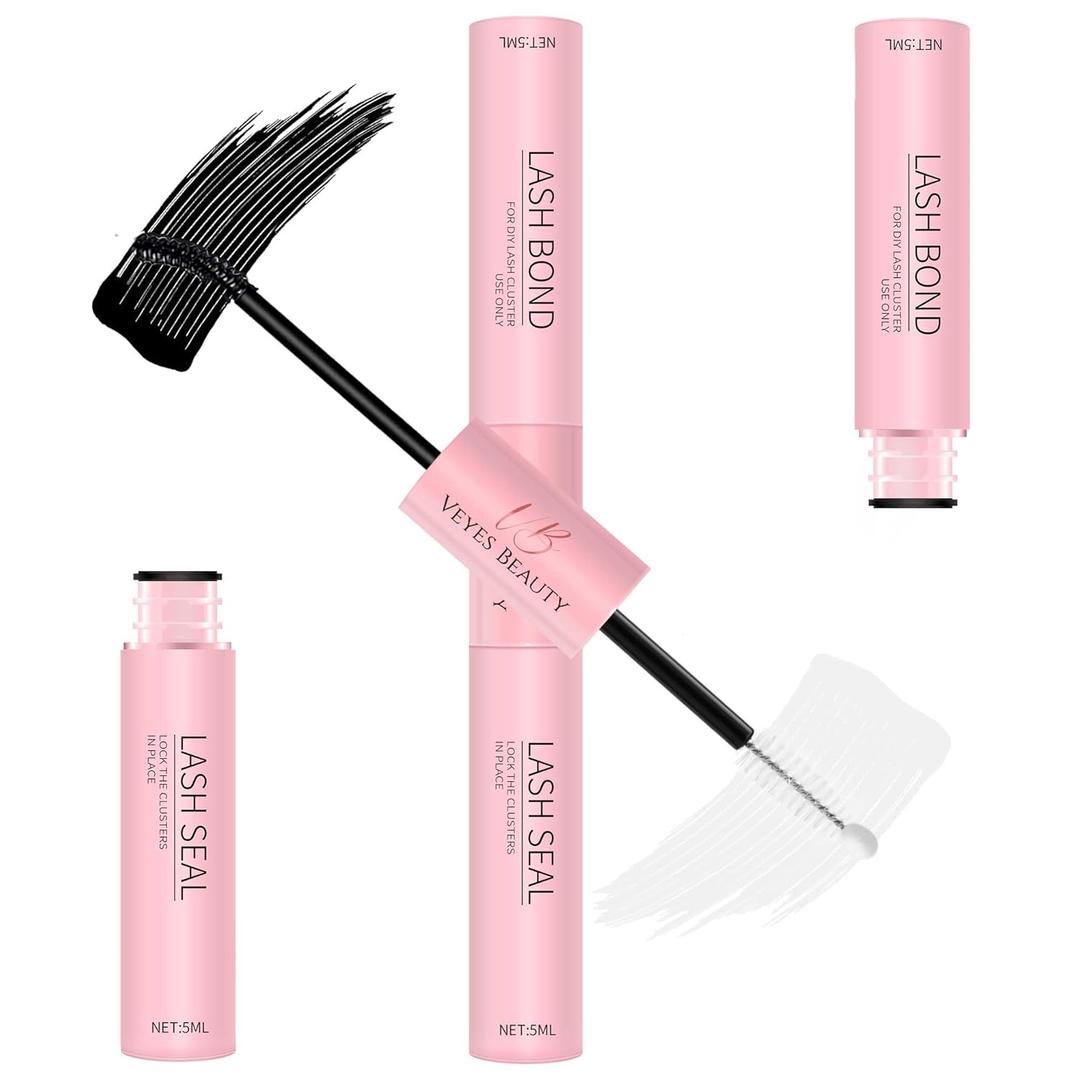 VEYESBEAUTY Lash Bond and Seal Waterproof 2 in 1 Cluster Lash Glue for Eyelash Extensions Long Lasting Strong Hold Individual Eyelash Glue for Self-Application at Home 5ml+5ml (black)