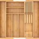 Bamboo-Silverware-Drawer-Organizer-Kitchen, Expandable Utensil Holder Cutlery Tray Flatware Organization Adjustable Wood Tableware Dividers Storage (with Removable Knife Block)(Natural) (Large)