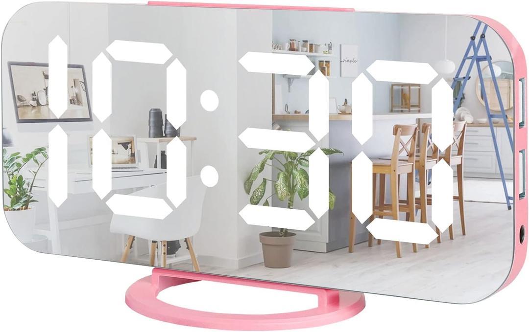 Lamisola Pink Digital Alarm Clock for Girls, Large LED Mirror Desk Clock, 2 USB Charging Ports, Nightstand Table Aesthetic Sleek Clocks Decor for Bedroom Office, Pink