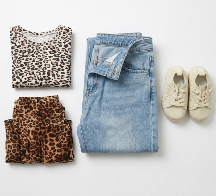4-Piece Women's & Infant Fashion Bundle, Light-Wash Denim Jeans L, Short-Sleeve Leopard Print Top 3XL, Pleated Leopard Print Dress L, Cream Knit Infant Sneakers