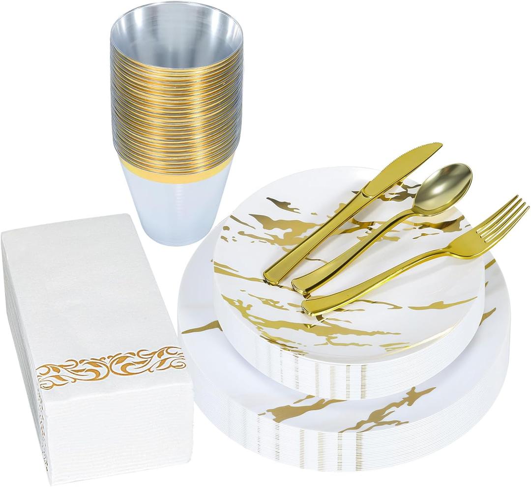175pcs Gold Plastic Dinnerware Set Elegant Disposable Plates, Cups, Utensils & Napkins for Wedding, Party, Birthday, Graduation