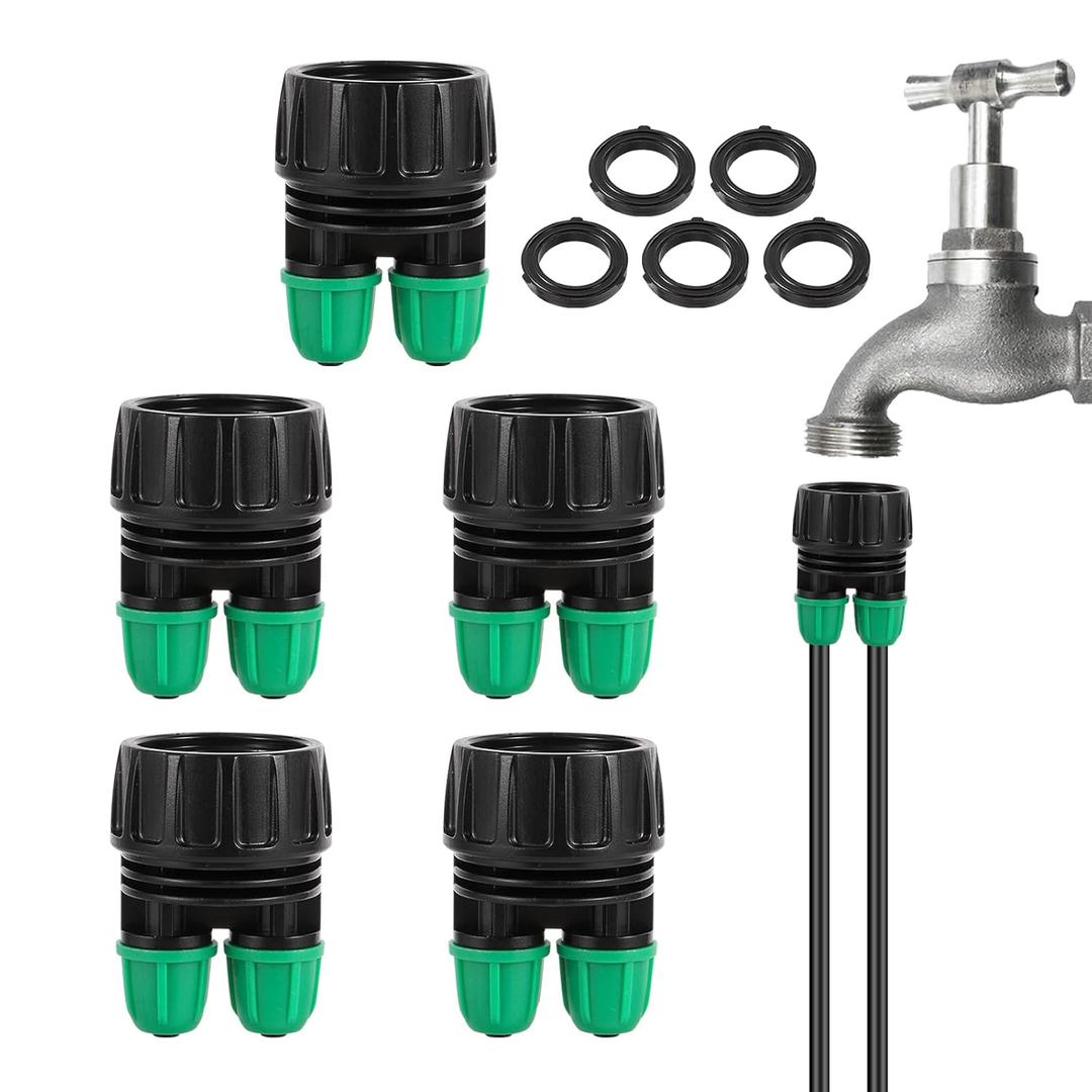 Garden Hose Adapter 3/4 to 1/4 Inch 2 Way Drip Irrigation Tubing Connectors Lock Barbed Design 3/4 US Standard GHT Thread 5 Pack (2 -Way to 1/4" Pipe Connector)