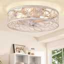 LEDIARY Caged Ceiling Fans with Lights, White Flush Mount Ceiling Fan with Remote, Small Low Profile Bladeless Ceiling Fan Light Fixture for Bedroom, Kitchen, Dining Room-White Gold Color (Medium)