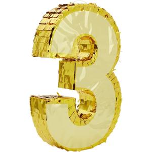 Gold Foil Number 3 Pinata for 3rd Birthday Party Decorations, Centerpieces, Anniversary Celebrations (Small, 11.1 x 2.9 x 16.1 in)