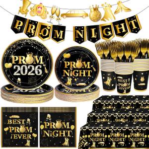 2 x 179Pcs Prom Decorations 2026 Prom Plates and Napkins 2026 Prom Send Off Decorations 2026 Black and Gold Prom Party Decorations with Prom Night Banner for Home