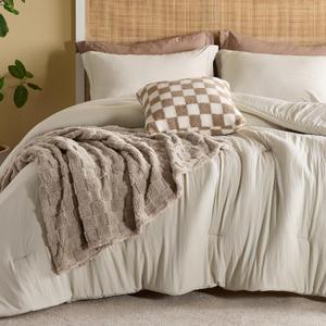 Bedsure Queen Comforter Set 5 Pieces - Bed in a Bag with Checkered Throw Blanket and Decorative Pillow, Lightweight Bedding Comforter Sets, All Season Boho Bedding, Linen Beige