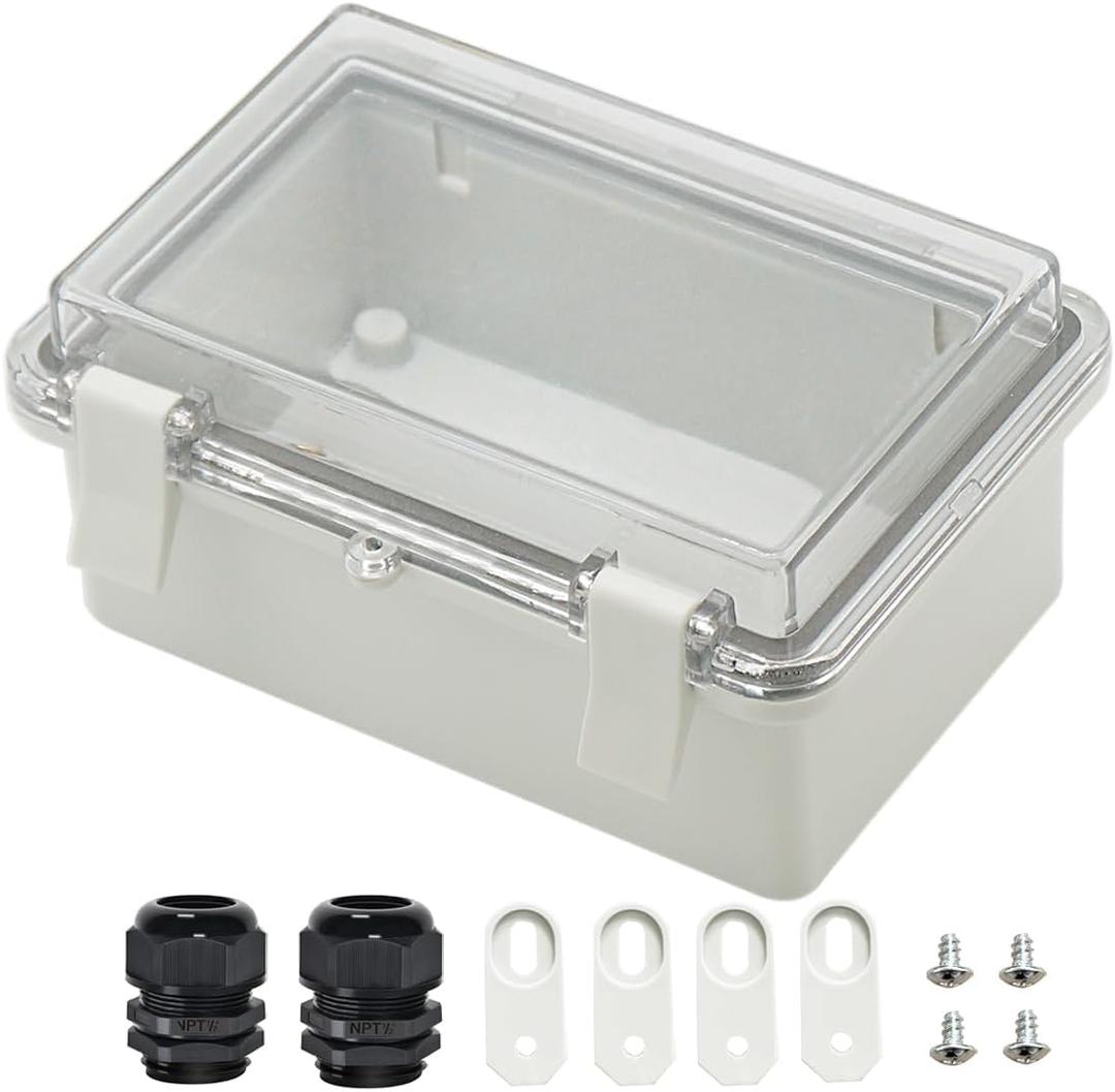 Zulkit Junction Box ABS Plastic Dustproof Waterproof IP65 Electrical Boxes Hinged Shell Outdoor Universal Project Enclosure Clear Cover with 2 Cable Glands 5.9 x 3.9 x 2.8 inch (150x100x70 mm)