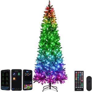FANCILLUMA 7.5FT Prelit Christmas Tree with 350 LED Lights, App Controlled Artificial Christmas Tree with Multi-Color RGB Lights & Music Sync, Slim Pencil Christmas Tree for Home Christmas Decorations