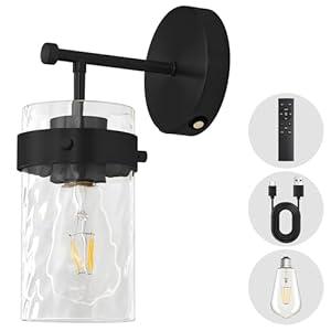 Deyidn Battery Operated Wall Sconce Black Rechargeable Wall Light with Remote Dimmable Bulbs Wall Lamps with Hammered Glass Lampshade for Bedroom Living Room Hallway(1 Pack)