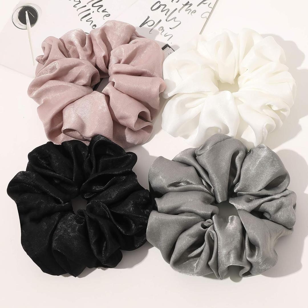Scrunchies Hair Ties for Women - Big Silk Satin Scrunchie Exra Large Jumbo Gaint Oversized Cute Scrunchy for Curl Thick Hair Ligas Para el Cabello De Mujer Decorations Hair Accessories Gift for Girls (White Black)
