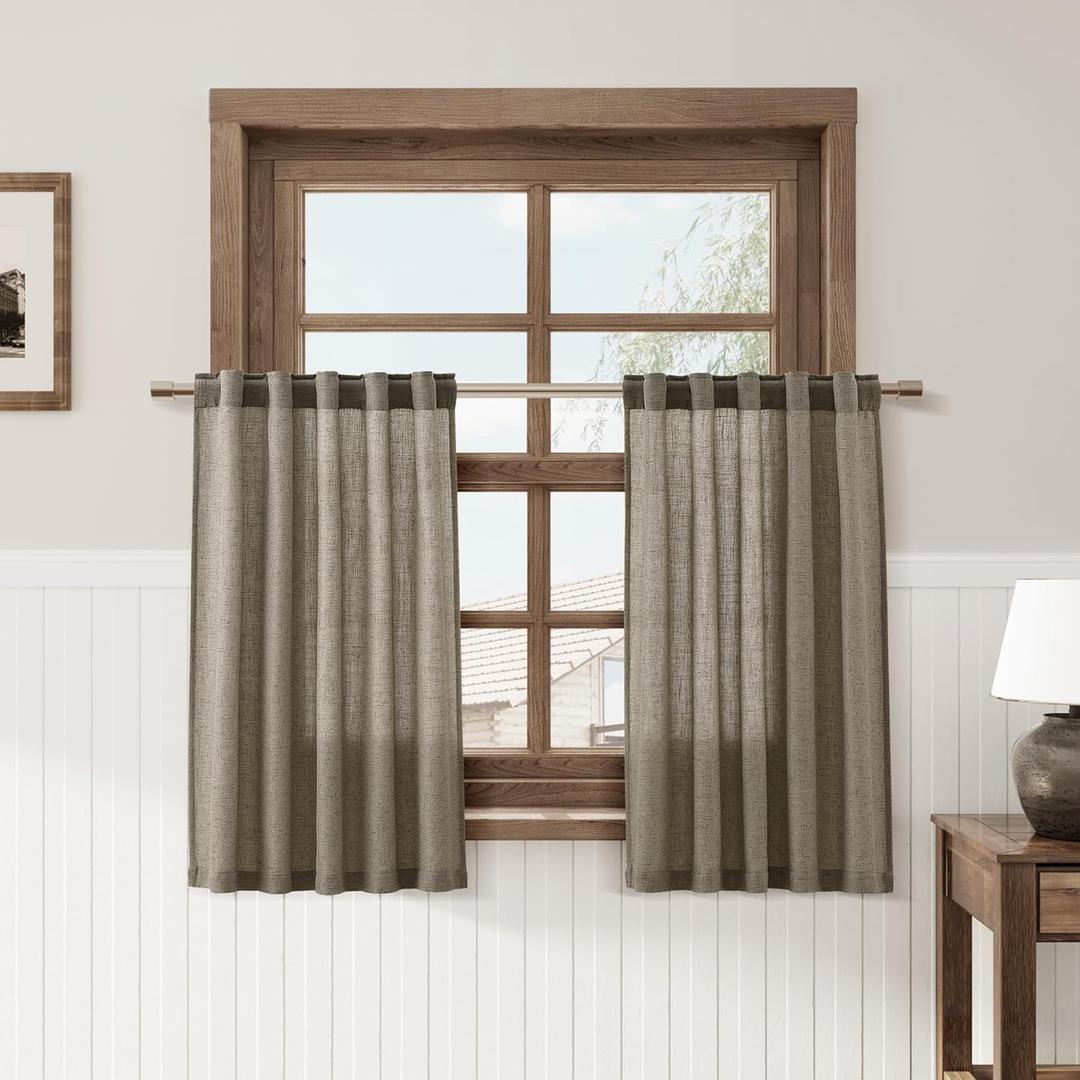 Nanspring Mocha Linen Kitchen Curtains 30 Inch Length 2 Pack Semi Sheer Linen Blend Minimalist Light Filtering Short Drapes Back Tab Rod Pocket for Small Windows Cafe Bathroom Laundry 36Wx30L