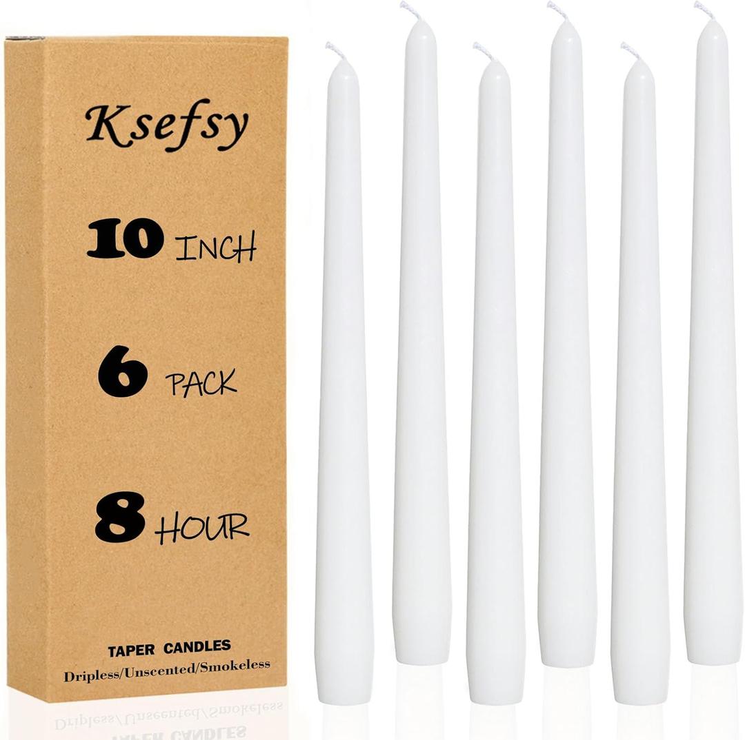 Ksefey 10 Inch White Taper Candles Set of 6 - Dripless,Unscented,8 Hours Burn Time-Perfect for Wedding,Dinner,Party and Home Decor