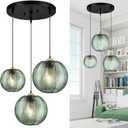GWY Green Pendant Light, 3 in 1 Large Glass Pendant Light Fixtures E26 E27 Mid Century Modern Chandelier Ribbed Blown Glass Globe Shade Hanging Light Ceiling Light for Living Room Restaurant Bar