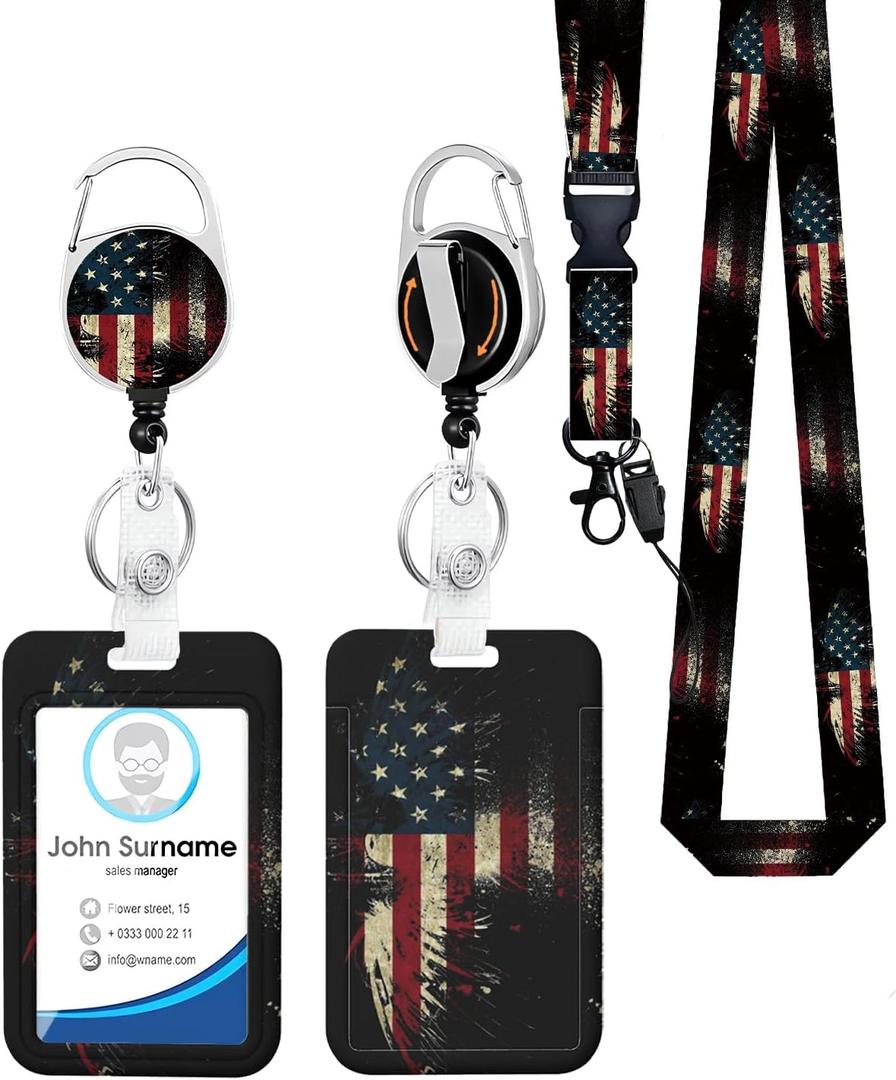 American Flag Design with ID Badger Holder Teacher Lanyard Work Badge with Belt Clip Keychain Necklace Retractable Keychain Heavy Duty Reel Clip Vertical ID Card Protective Case