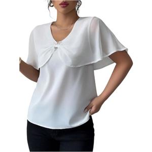 SHENHE Women's Dressy Casual Blouse V Neck Flutter Sleeve Sheer Elegant Bow Shirt Top (White, L)