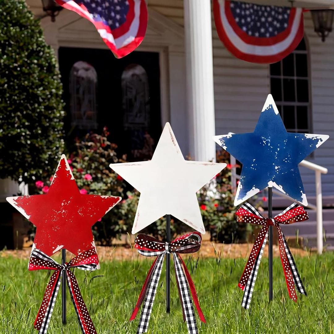 Amyhill 4th of July Outdoor Decor Patriotic Star Metal Garden Stakes Welcome Yard Signs Retro Red White Blue American Star Garden Stakes for 250th Anniversary Patio Lawn Walkway Outside Decorations