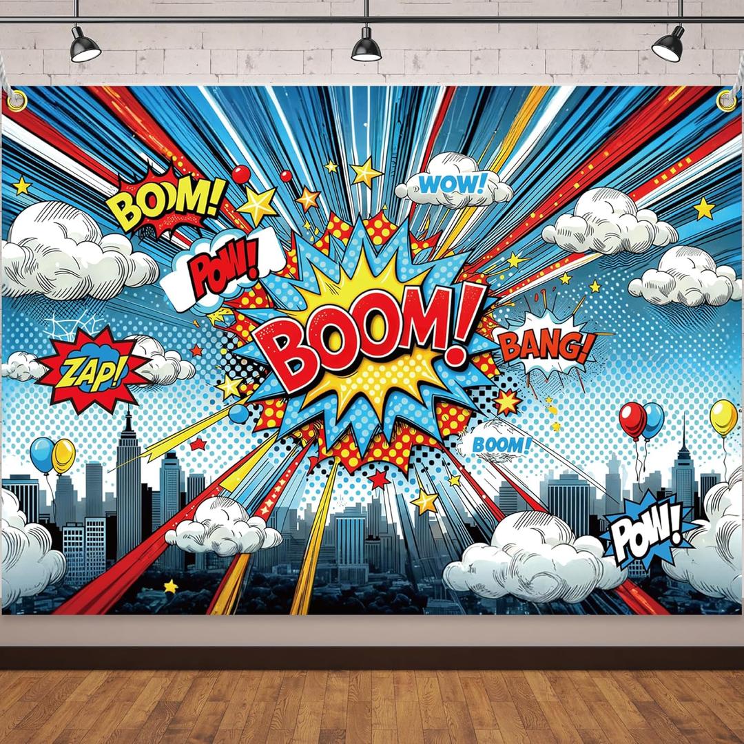 Cartoon Hero Birthday Backdrop 7x5ft Comic Skyline Buildings Cityscape Background for Super City Hero Theme Birthday Party Decoration
