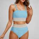 High Waisted Bandeau Bikini Set - Women Strapless Two Piece Swimsuits Ribbed Longline Full Coverage Bathing Suits Swimwear Blue S