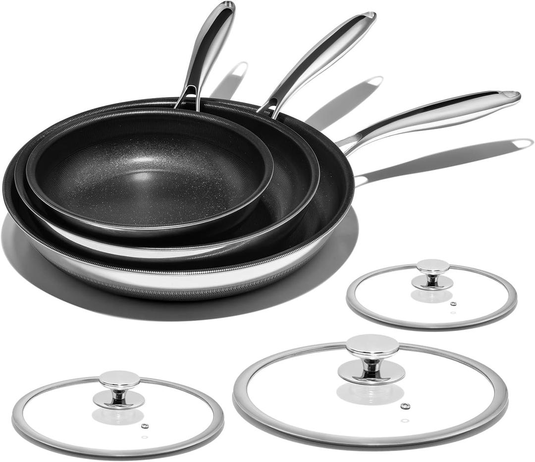 Nonstick Frying Pan Set  8" 10" 12" Titanium Ceramic Skillet with Lid, Stay-Cool Handle,PFAS, PTFE, PFOA-Free, Non-Toxic, Dishwasher & Oven Safe, Compatible with All Cooktops (Glistening Black)