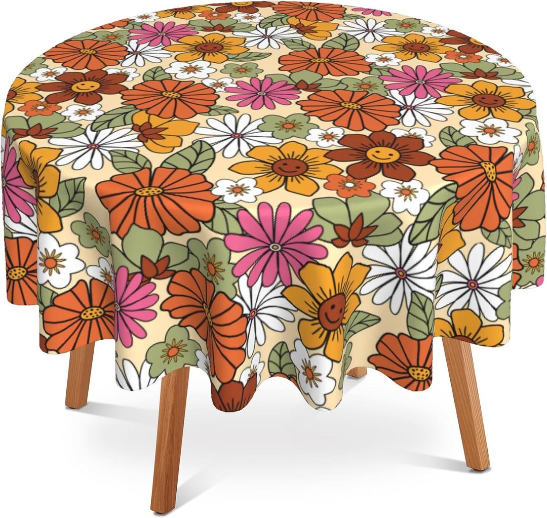 70s Retro Floral Round Tablecloth 60" Diameter for Indoor and Outdoor, Daisy Waterproof Table Cloth Cover Decorative for Party Holiday Dining Tabletop Home Decor