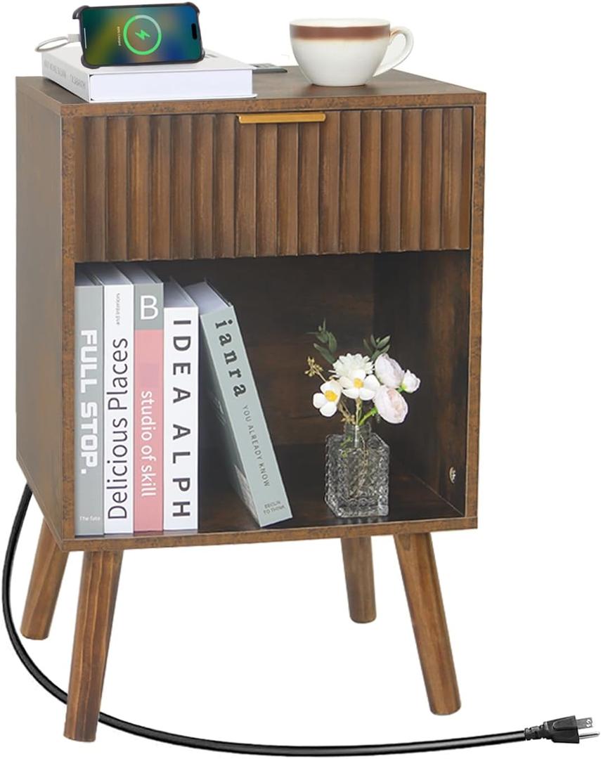 Mid Century Modern Nightstand with Charging Station, Modern Bedside Table with Fluted Drawer and Storage Shelf, End Side Tables Living Room for Bedroom, Office (Rustic Brwon)