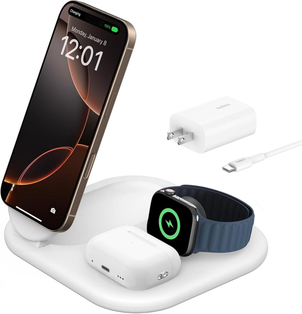 Belkin 3-in-1 MagSafe-Compatible iPhone Charger - Foldable Magnetic Qi2 Certified, MagSafe Charging Station for Phone, Apple Watch, AirPods - Wireless for Multiple Devices (White)