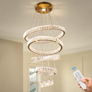 Dixun Dimmable LED Chandeliers Big Crystal Chandeliers Modern 5 Rings Pendant Light Adjustable Height Ceiling Lamp for Bedroom Dinning Room Living Room Kitchen (Titanium Gold)